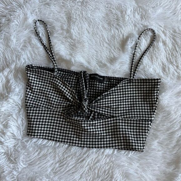 PrettyLittleThing Crop Top Tie Front Black White Checkered Womens Size 6 - Picture 1 of 6
